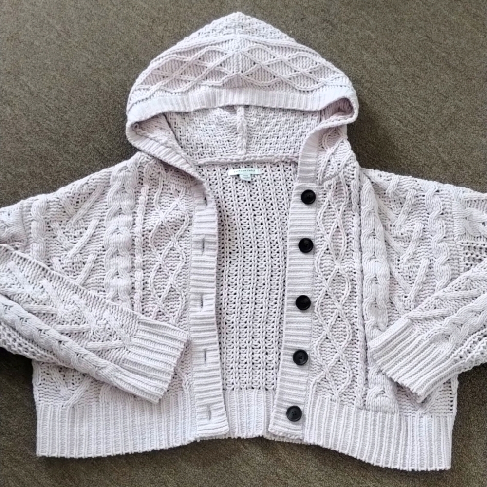 Ae Chenille Argyle Hooded Button Down Cardigan - image 1